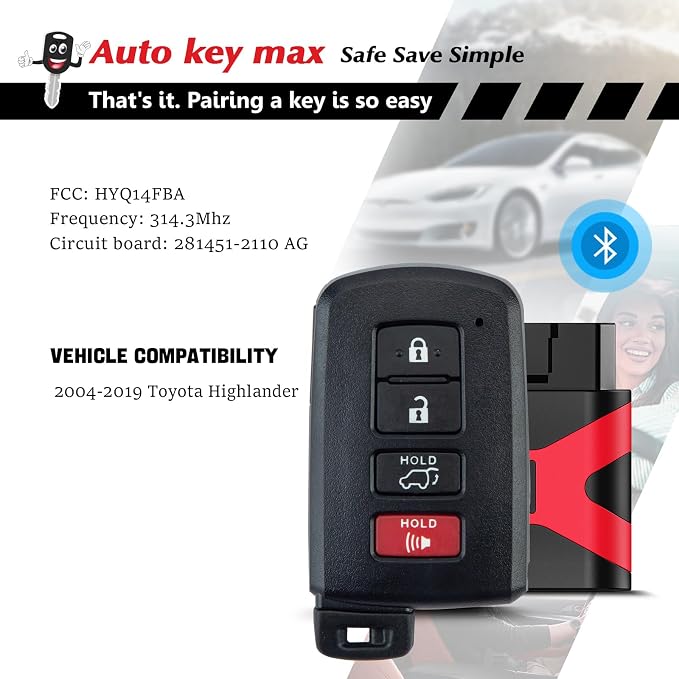 Programmable Keyfob, Replacement Car Keys Fob and DIY Programmer Kit for 2015-2020 Tacoma 2014-2019 Highlander Smart Remote HYQ14FBA 281451-2110 (4 Btn (SUV) Programmer Kit)