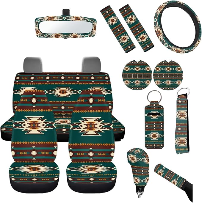 Green Southwest Tribal Geometry Seat Covers for Car 14 Pcs,Aztec Car Steering Wheel Cover+Cup Holder Pad+Keychain+Gear Shift Knob Handbreak Cover+Auto Interior Mirror Covers Universal Fit