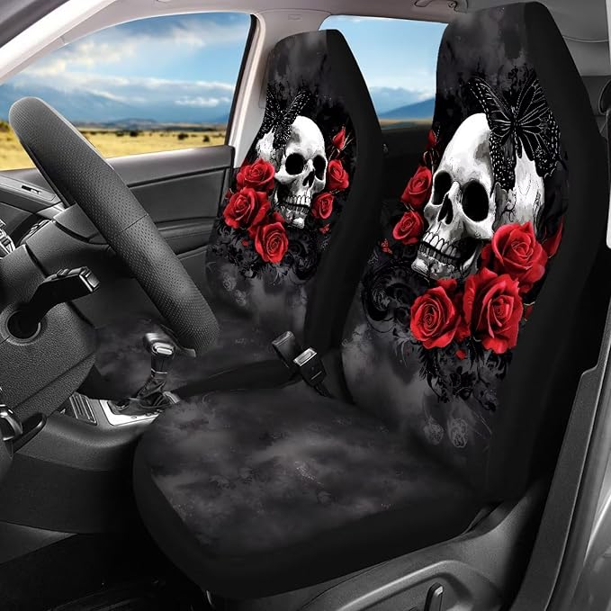 Red Rose Flowers Skull Universal 13 Pieces Auto Accessories Set, Seat Covers Full Set/Seatbelt Pads/Steering Wheel Covers/Coasters/Keyrings,for Most Cars Trucks Suvs