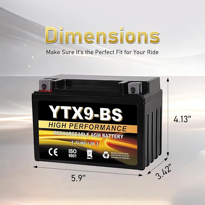 YTX9-BS 12V 9Ah AGM Sealed Motorcycle Battery, Maintenance-Free, Compatible with Honda Polaris Suzuki, Replacement for YTX9-BS, ETX9, GTX9-BS