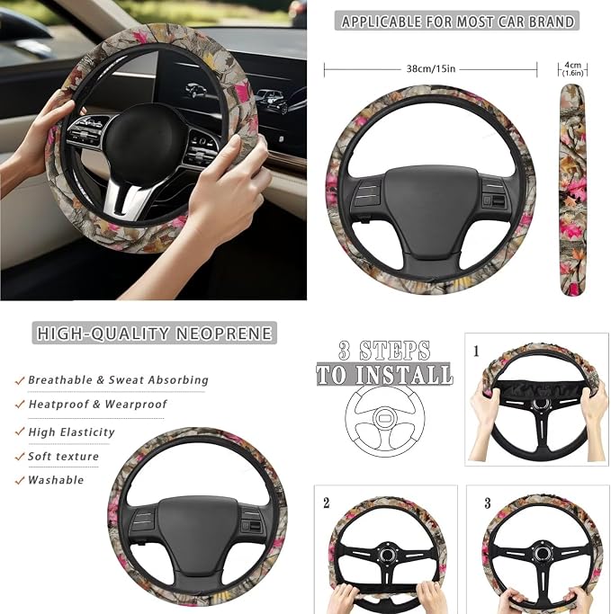 Camo Maple Leaf Car Seat Covers Set of 15 with Universal Steering Wheel Cover, Rearview Mirror Cover, Car Trash Can, Seatbelt Pads, Cup Holder Coasters, Keychains