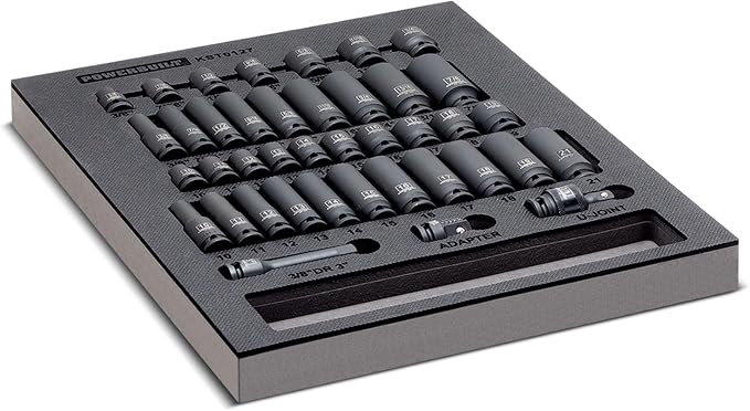 Powerbuilt 40 Piece Impact Socket Set, 3/8 Inch Drive, 6 Point Z-Drive, SAE and Metric Sockets, Tool Organizer Tray, Pro Tech Series Black 949011