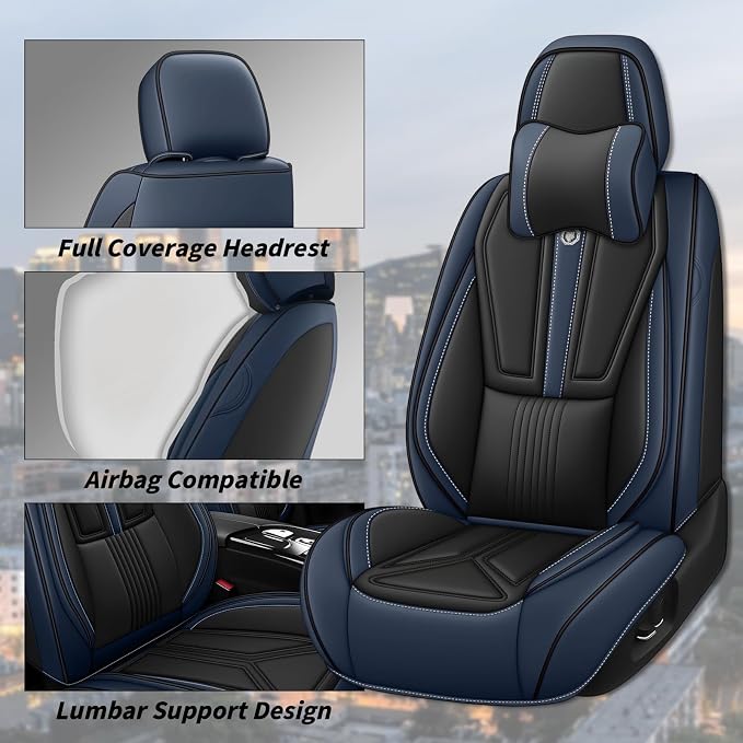 Arazi Fit for 98% of Mazda Seat Covers, 360° Full Wrap Original Seat Cover, Waterproof Nappa Leather Seat Covers with Big Space Storage Pocket Seat Protector（2 Seats Luxury, Black&Blue）