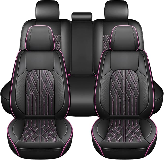Huidasource Automotive Seat Covers, Leather Seat Cover Universal Fit for Most Cars Sedans SUVs Trucks, Airbag Compatible, Cup Holder Access, Easy Install, Wipes Clean, Wear-Resistant, Black&Purple