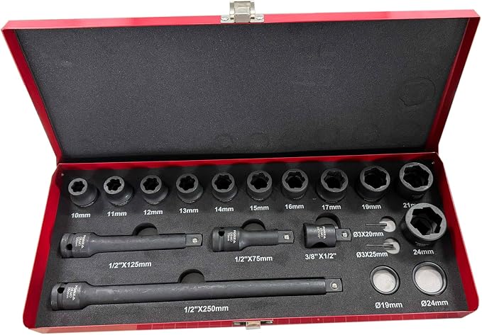 19-Piece 1/2" Drive Twist Impact Socket Set, Damaged Lug Nut Remover Kit, Stripped Bolt Extractor Tool with CR-MO Steel, Professional Metric & SAE Rescue Set