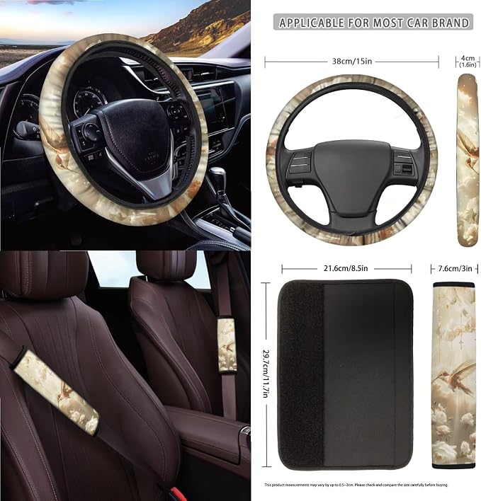 Hummingbird Flower Print Car Seat Covers Full Set with Steering Wheel Cover for Women, Decorative Safety Belt Pads Cup Cushions Storage Trash Can Car Air Vent Organizer
