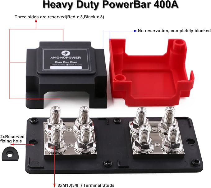 Bus Bar 12V-48V 400A Heavy Duty Module Copper Busbar Power Distribution Blocks with 8X 3/8" (M10) Posts Terminals DC Battery Buss Bars 400 Amp for Car RV Solar Automotive Boat Marine, Red&Black