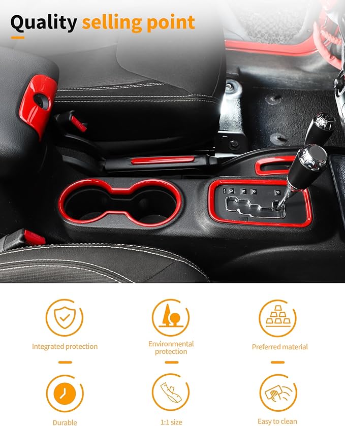 Hoolcar Steering Wheel Cover Gear Shift Panel Trim Cover Water Cup Holder Cover Kit Interior Accessories Kit Fit for Jeep Wrangler JK JKU 2011-2018, 4-Door, Red