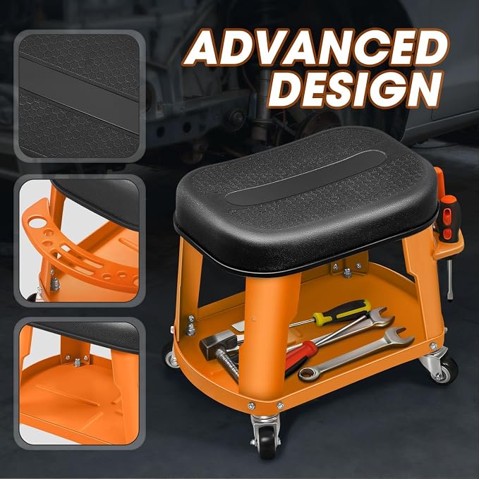 DNA Motoring Removable Rolling Garage Stool with Seat Cushion & Tool Tray Plate, 300lbs Max Weight Capacity, Orange, TOOLS-00479-OG
