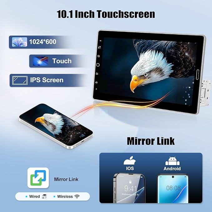 Single Din Car Stereo with Wireless Carplay Android Auto 10.1 Inch IPS Touchscreen Car Radio with Mirror Link Bluetooth 5.2 Handsfree FM RDS EQ USB SWC Car Audio Receiver Backup Camera