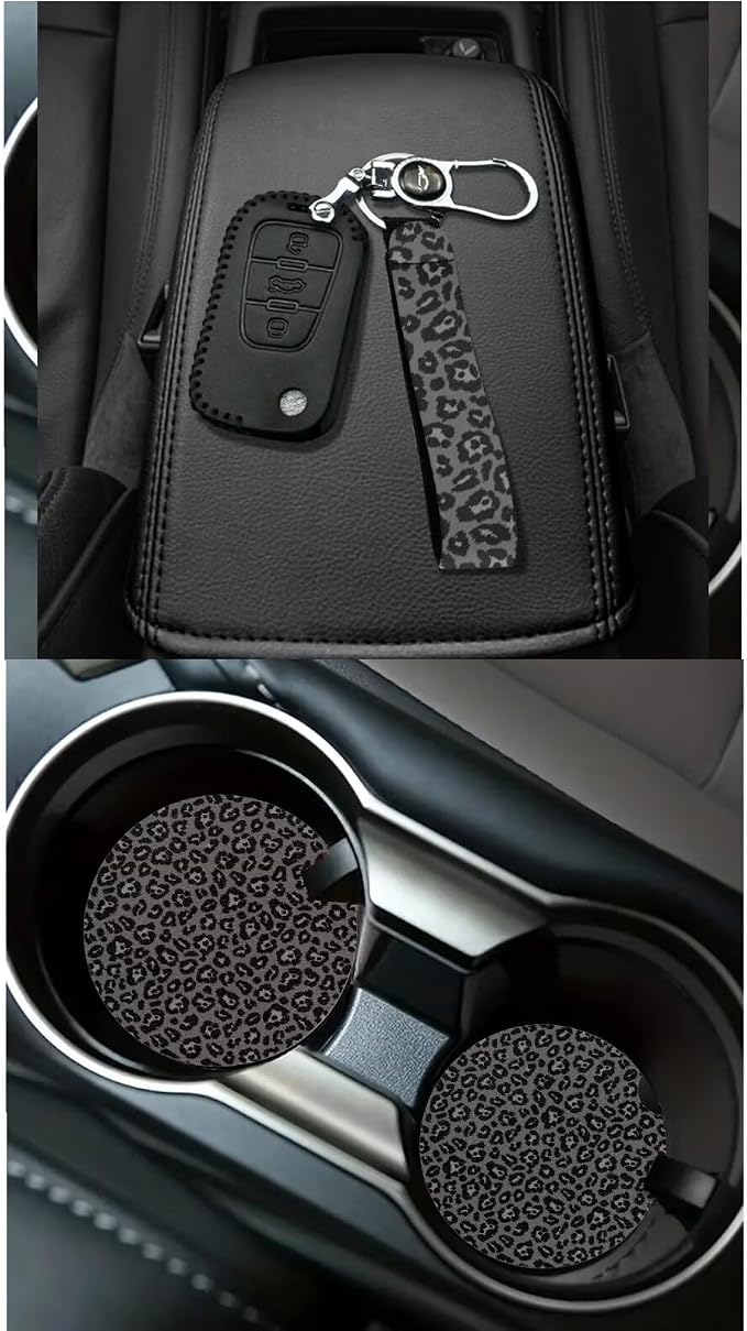 Dreaweet Black Leopard Print Car Seat Covers Full Set for Women,Cheetah Steering Wheel Cover Seat Belt Cover Pad Cup Car Coasters Trash Bag Vent Storage Bag Rearview Mirror Cover Keychain,15 Pcs Set