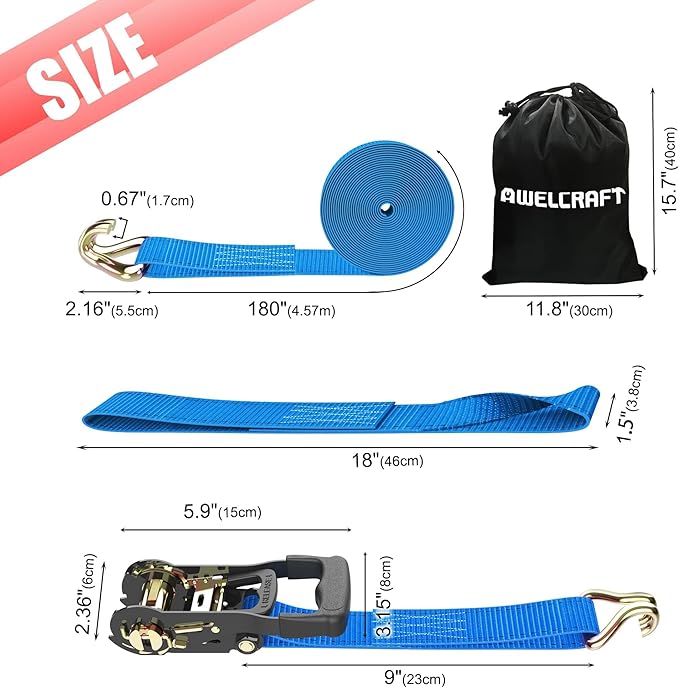 AWELCRAFT Ratchet Straps Heavy Duty 4 Pack,4500lbs Breaking Strength,1.5in×15ft Tie Down Ratcheting Strap with Padded Handles, Double J Hooks & Soft Loops for Motorcycle,Trailer & Trucks (Blue)