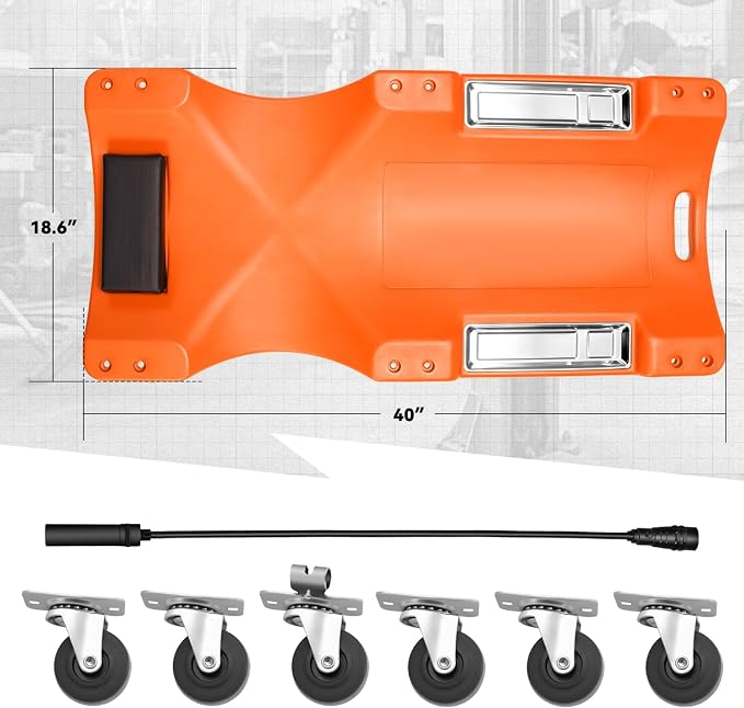 Auto Dynasty 40 Inches Mechanic Creeper, Automotive Garage Repair Low Profile Under Car Rolling Creeper with LED Light and Padded Headrest, Plastic, Orange