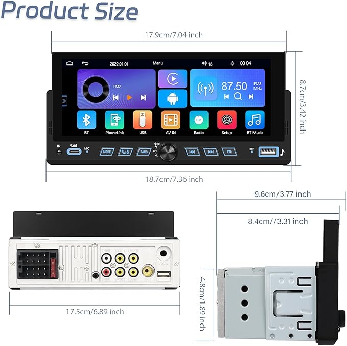Single Din Car Stereo Wirelsss Carplay Android Auto, 1 Din Head Unit Bluetooth Backup Camera, 6.86" HD Touchscreen Radio, FM EQ USB-Type-C, Mirror Link SWC, Voice Control, Car Stereo Receivers