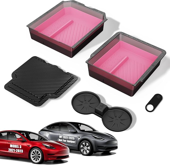 XINTUO Center Console Organizer Tray for Tesla Model 3 (2025-2024) Highland Accessories and Tesla Model Y Juniper Accessories 2025, Double Layer Space and Slide Smoothly (Pink)