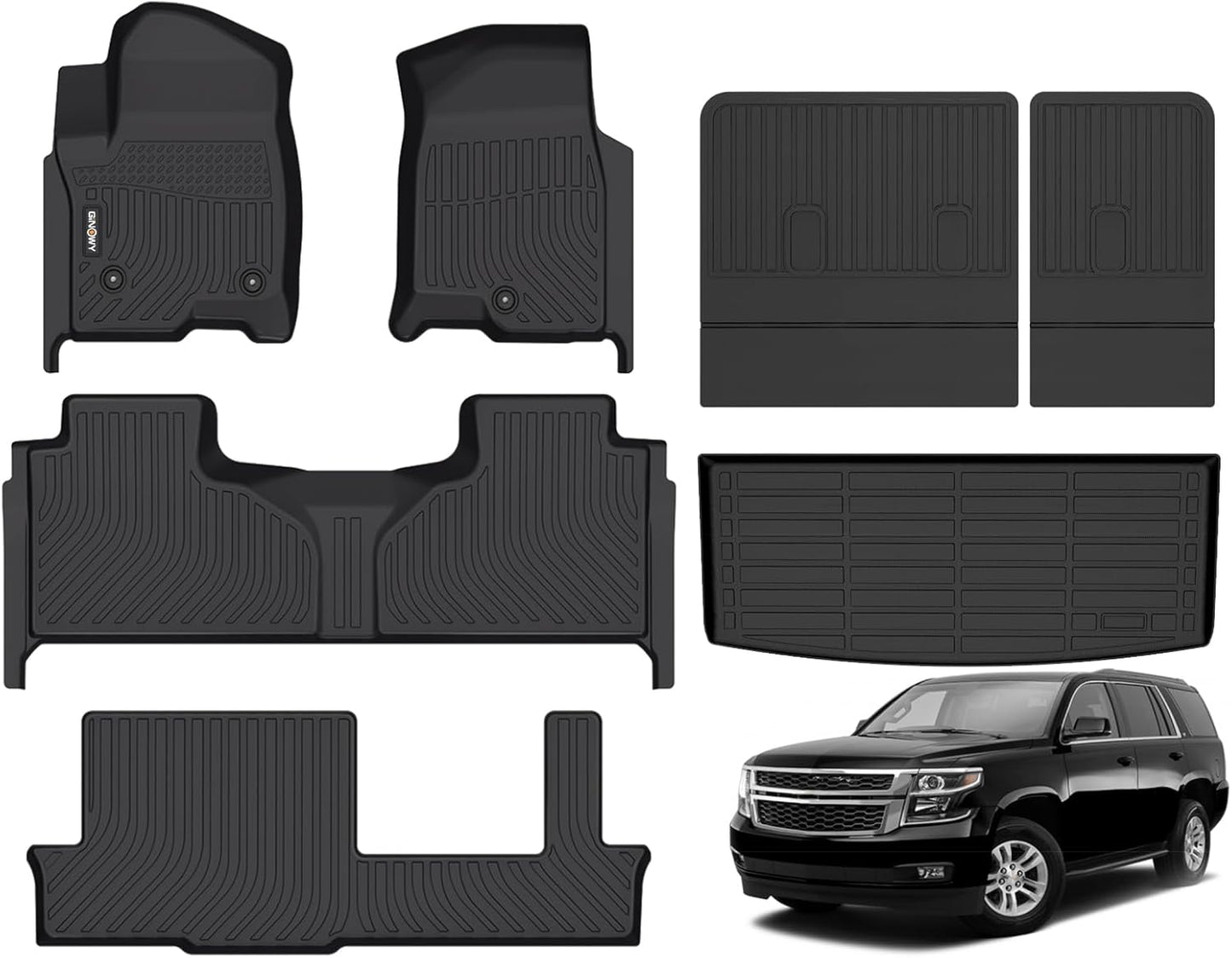 GINOWY- Floor Mats & Cargo Liner for Chevy Tahoe 2021-2024 2025 & GMC Yukon 8 Seat Bench Seat, TPE All Weather Car Mats for Chevrolet Tahoe Non-Slip Trunk Mat Waterproof Accessories Floor Liners Black