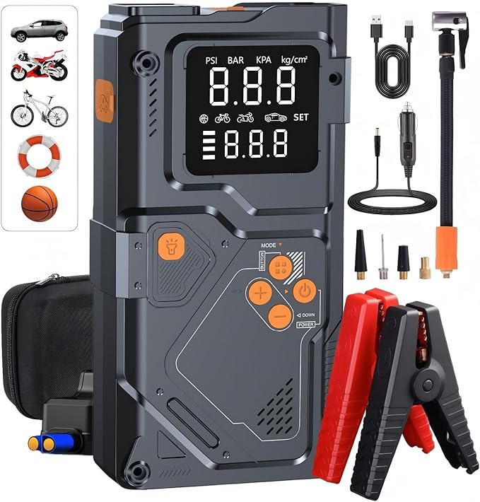 Jump Starter 12V, 10000mah Jump Starter with Air Pump and Compressor, Portable Jump Box, LCD Display,LED Emergency Light,Power Bank & Jumper Cables,for 8.5L Gas and 6.5L Diesel Engines