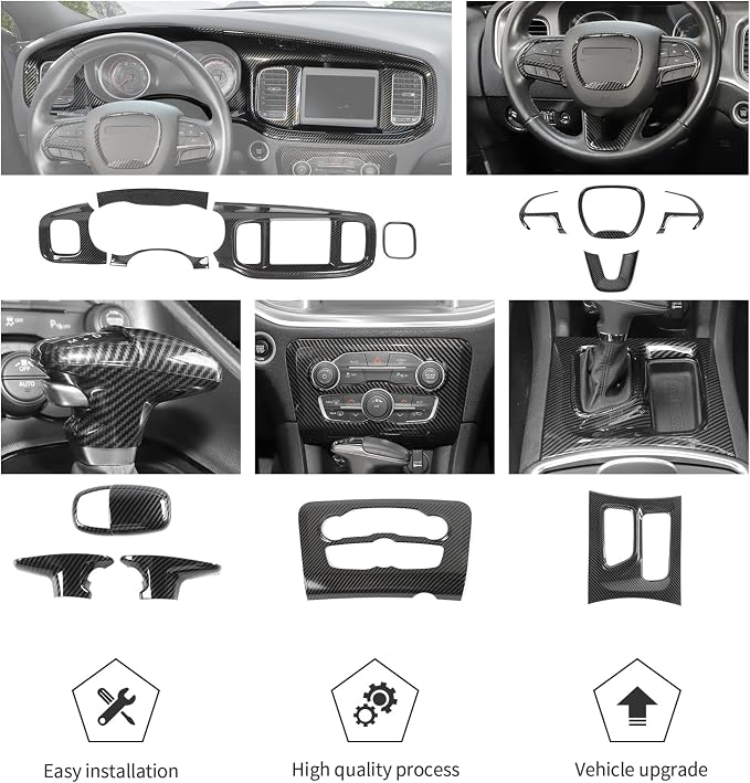 JWWY Carbon Fiber Interior Trim Kit for 2015–2026+ Dodge Charger, Dashboard Instrument Panel Gear Shift Knob Center Console AC Control Panel Cover Interior Accessories 14PCS