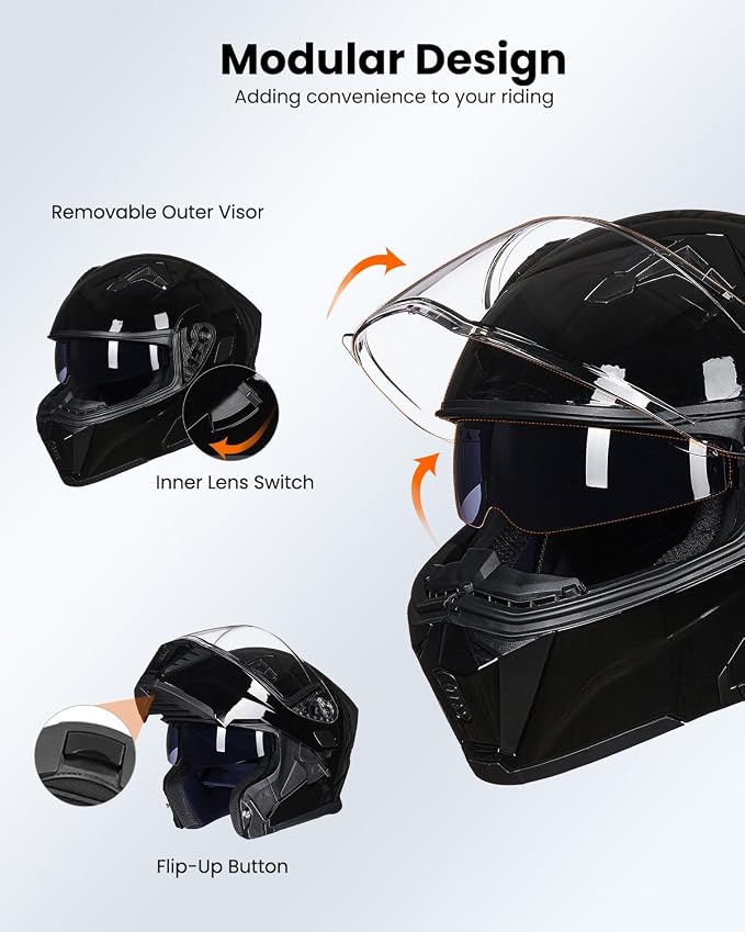 ILM Motorcycle Modular Full Face Helmet for Adult Flip up Dual Visor LED Tail Light Optional DOT
