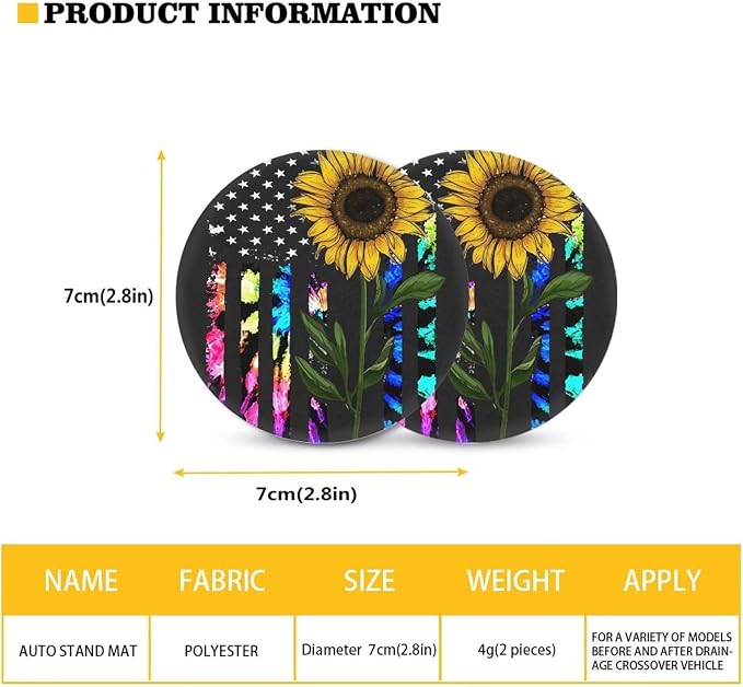 Suobstales American Flag Sunflower Car Accessories with Car Front Rear Split Seat Covers, Colorful Tie Dye Floral Seat Belt Pads + Steering Wheel Cover + Coaster + Keyrings for Women Set of 11-Pcs