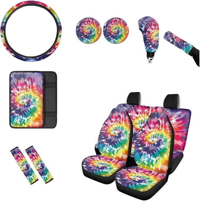 BIGCARJOB Tie Dye Print Car Accessories Full Set 12 Pcs Car Seat Covers Set for Front Back,Steering Wheel Covers,Armrest Pads,Coaster