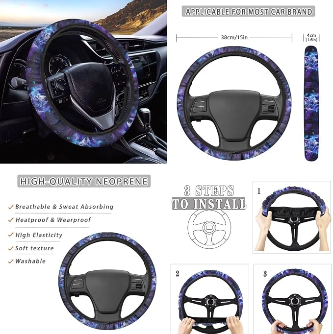 Galaxy Wolf Butterfly Car Interior Accessories Set for Women, 8 Pcs Car Seat Cover Full Set with Car Steering Wheel Cover Auto Center Console Pad Seat Belt Covers