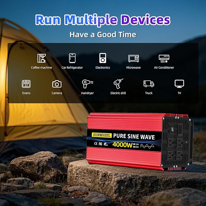 SUNWHEEL 4000W Pure Sine Wave Inverter, Solar Off-Grid Inverter, 12V DC to 110V 120V AC for RV、Microwave、Truck、Refrigerator、Freezer、TV、Air Conditioner with 4 AC outlets and LCD Display