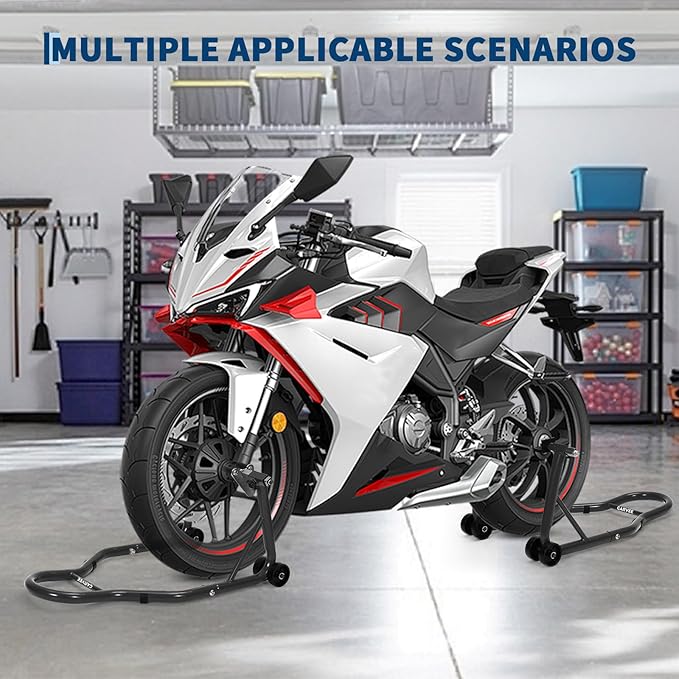 Garvee Motorcycle Stands Front and Rear, 900 LB Heavy Duty Front & Rear Wheel Lift Combo with Prong Adapters+L Adjustable Swingarm Spool, Universal Paddock Stands for Most Motorcycles, Black