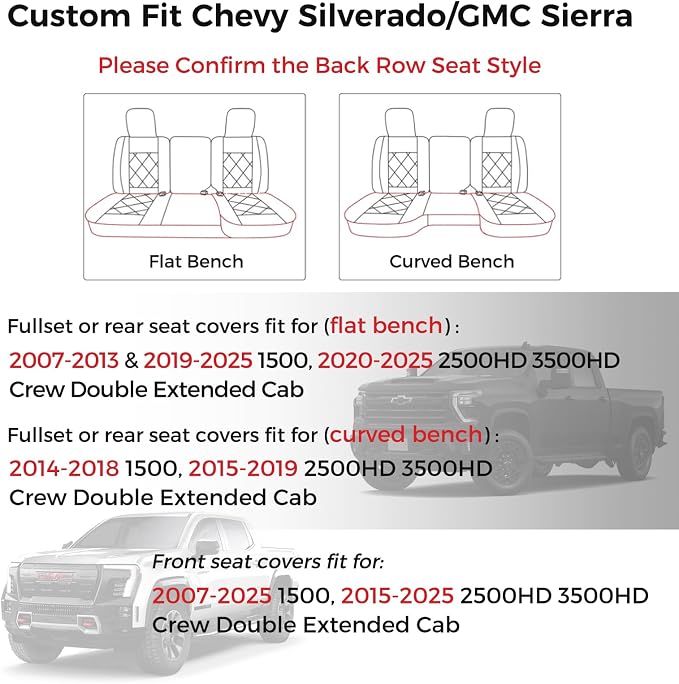 Huidasource for Chevy Silverado 1500 Seat Covers, Silverado Seat Covers Leather, GMC Sierra Pickup 1500 2007-2013&2019-2025, 2500HD 3500HD 2020-2025 Crew Double Extended Cab(Full Set/Black)