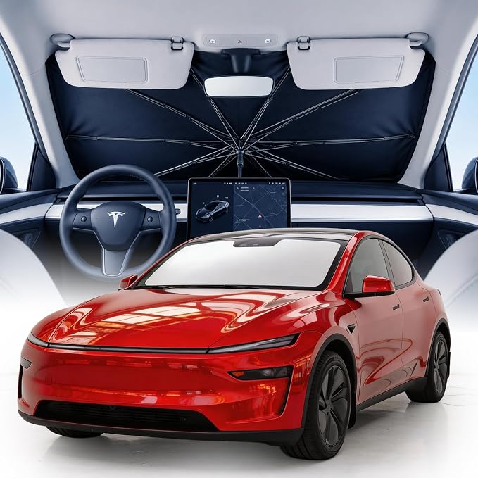 Weektic Windshield Sun Shade Umbrella for Tesla Model 3/ Model Y 2018-2026, Double Thickened Ice Crystal Coating, Sun & Heat Protection, Keep Vehicle Cool & Protect Interior
