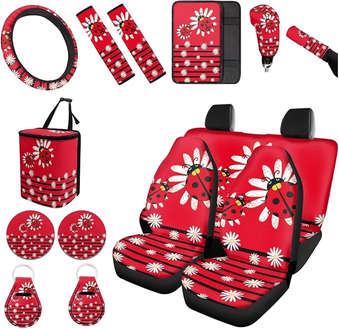 Forchrinse Red Ladybug Daisy Car Sea Cover for Women Ladybug Car Decor Front Back Seat Combo Set with Steering Wheel Cover/Armrest Seatbelt Cover/Garbage Trash Can Accessories