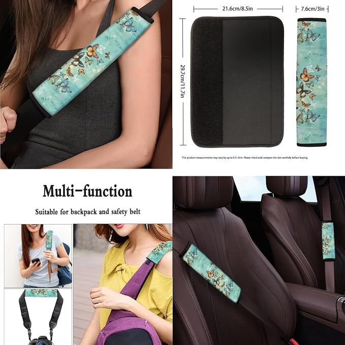 Butterfly 13 Pcs Seat Covers Full Set Realistic Monarch Butterfly Pattern Non Slip and Soft Headrest Cover Car Sage Green Insect Cup Pad Fit for Car,Truck,Van,SUV