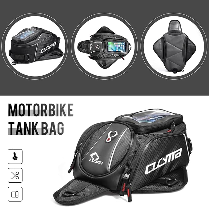 Motorcycle Tank Bag, Magnetic Motorcycle Tank Bag with Detachable Clear Phone Pouch and Rain Cover, Gas Tank Bag for Street and Touring Bikes, Black