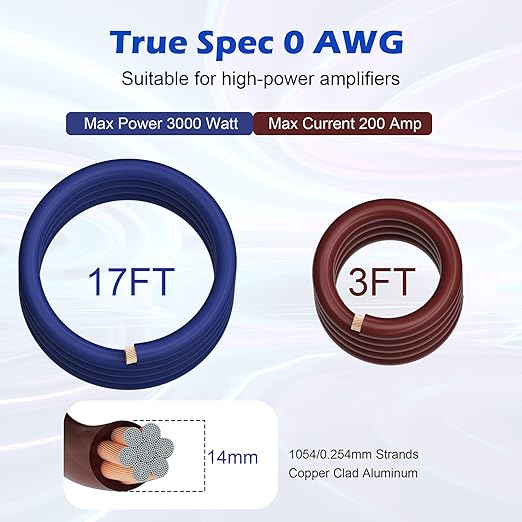 1/0 Gauge Complete Amp Wiring Kit, Premium Car Amplifier DIY Installation Kit, 3000W High Power CCA Cable with Fuse Holder& Full Accessories for Car Truck/RV/ATV Audio Systems Radio Subwoofer Speaker