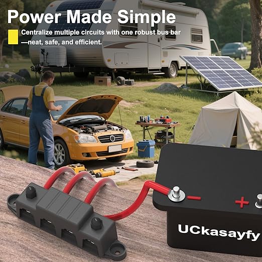 Bus Bar 250A 12V Power Distribution Block with 5/16" (M8) 4-Posts Terminals Block with Cover for Automotive, Marine, Battery System (Black)