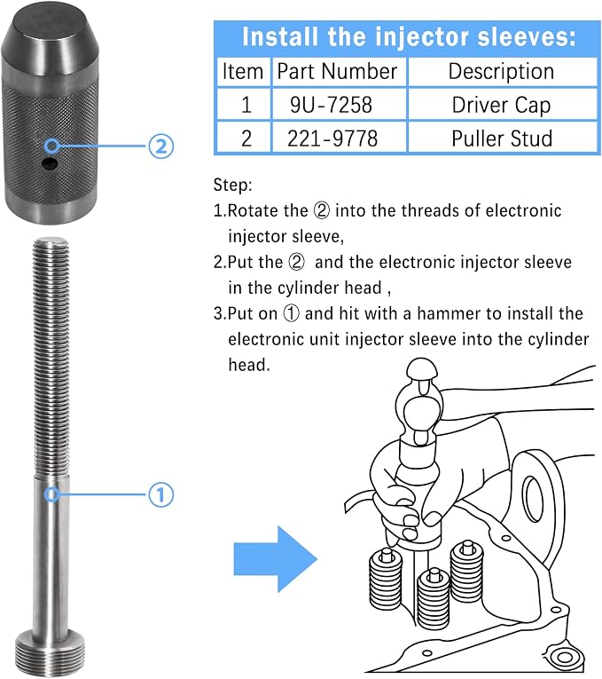 9U-6891 Injector Sleeve Cup Remover & Installer Tool 6pcs Kit Compatible with CAT Caterpillar 3406E C10 C12 C15 C16 C18 Engine Heavy Duty Steel Tools