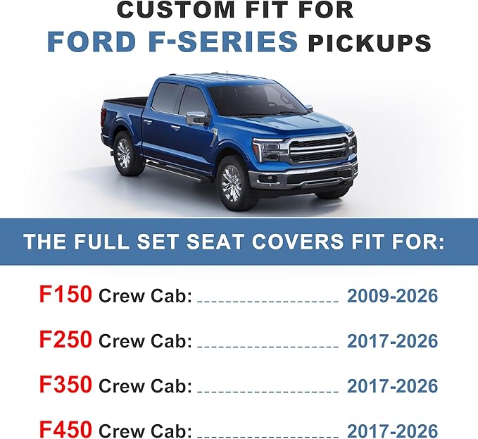 for Ford F150 2009-2026 Seat Covers F250 F350 F450 2017-2026 | Super Duty Faux Leather Full Set XL XLT Lariat Platinum STX Cab, Lumbar Support Seat Protectors (5 Seats, Black & Grey)