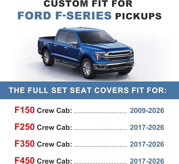 for Ford F150 2009-2026 Seat Covers F250 F350 F450 2017-2026 | Super Duty Truck Faux Leather Ice Silk XL XLT Lariat Platinum SuperCrew STX Extended Cab Trims (5 Seats, Black & Grey)