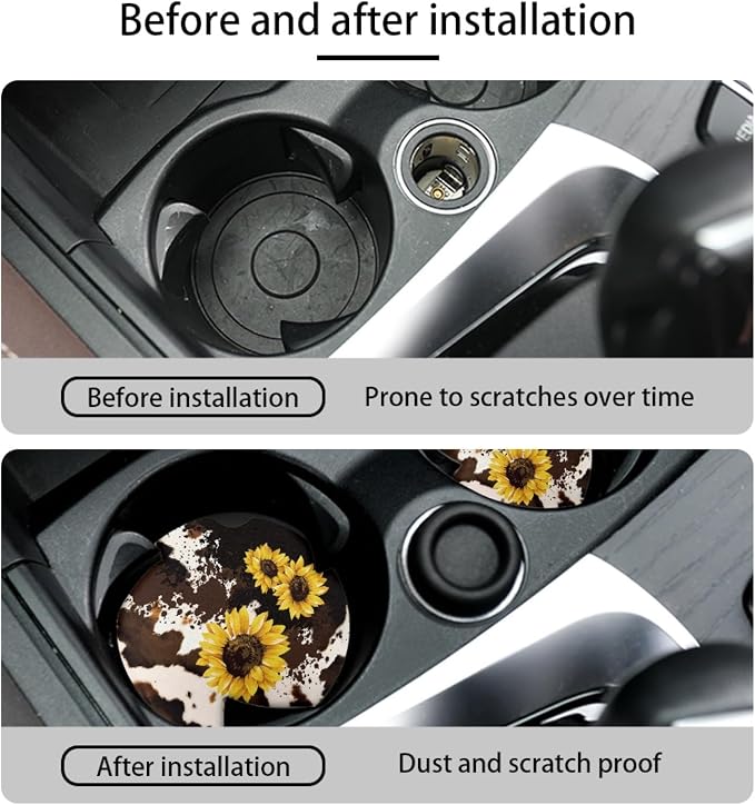Howilath Cow Sunflowers Pattern 10pcs Car Front Seat Covers/Steering Wheel Cover/Seatbelt Pads/Keychain/Armrest Cushion/Coasters Vehicle Seat Protector Accessories