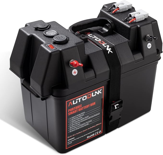 Smart Battery Box 12V - with QC3.0 /PD Type-C Port/CIG Socket/Anderson Plug/Digital Voltmeter/Circuit Breaker for RV Van SUV ATV Camper Truck Car(Battery not Include)