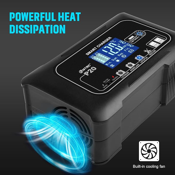 Smart Battery Charger 20A 12V/24V Fully Automatic Maintainer, Trickle Charger/Desulfator with Overcharge Protection & Temperature Compensation for LiFePO4 Lead Acid Lithium Batteries