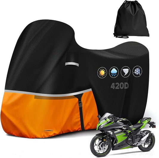 Waterproof Motorcycle Cover for Kawasaki Ninja 400/500/650 Z900 ZX6R (No Trunk Models), 420D Oxford Cloth Heavy Duty Motorbike Cover for Snow Rain UV Dust All Weather Outdoor Protection