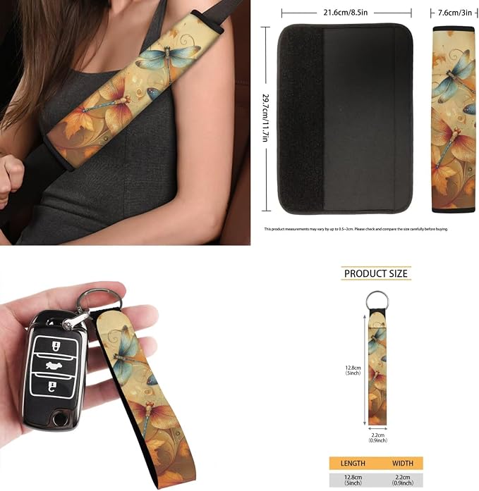 15 Pcs Vintage Dragonfly Car Seat Covers Full Set for Women Cute Car Accessories Interior Car Steering Wheel Cover Seatbelt Covers Trash Bin Rear View Mirror Cover Cup Holders Keychain