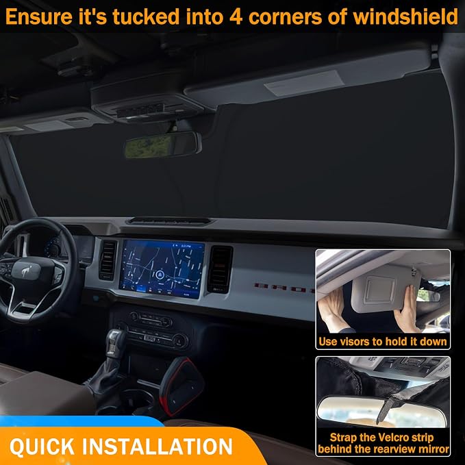 TOPINSTALL Gear Shifter Organizer and Windshield Sunshade Compatible with 2021-2024 Bronco 2/4 Door, Center Console Gear Side Storage Box Tray and Front Window Sun Protector (Not for Sport Model)