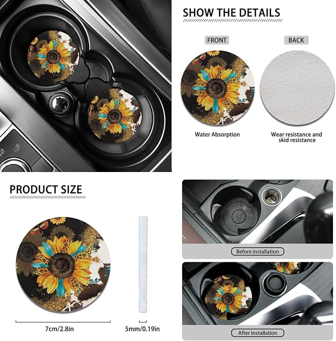 Wanyint Sunflower Aztec Leopard Cow Print Car Seat Cover Set 12 PCS, Front Back Car Seat Covers Steering Wheel Cover Armrest Pad Handbrake Cover Gear Shift Cover Seat Belt Pads Coasters Auto Decor