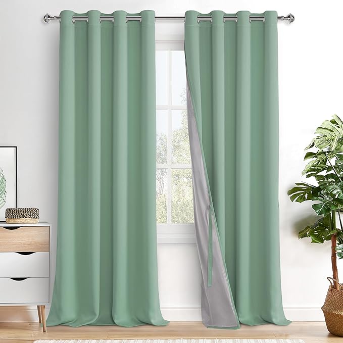 XWZO 100% Blackout Curtain Panels - Thermal Insulated Black Liner Curtains, Noise Reducing and Heat Blocking Drapes for Hall and Studio Windows with Tiebacks, Light Sage, W52 x L95, Set of 2