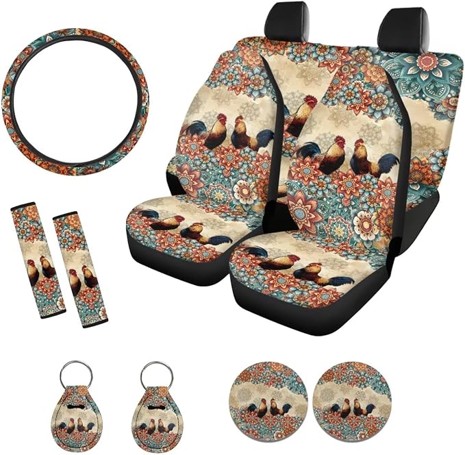 Suobstales Bohemia Mandala Rooster Chicken Print Car Seat Cover Full Set SUV Interior Accessories Front/Back Bench Bucket Seat Cover, Steering Wheel Cover, Seat Belt Cover, Coasters, Keychain