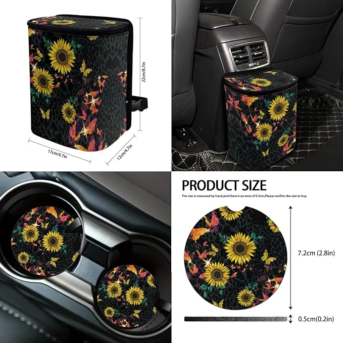 Suobstales Sunflower Butterfly Leopard Print Car Seat Covers Set of 13 with Universal Steering Wheel Cover, Rearview Mirror Cover, Car Trash Can, Seatbelt Pads, Cup Holder Coasters, Keychains