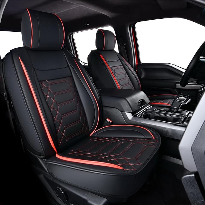 RISINGSTAR Silverado Sierra Faux Leather Seat Covers, Fit for 2019-2026 Chevy Silverado GMC Sierra 1500 and 2020-2026 2500HD 3500HD Crew Cab(Full Set, Black&Red)