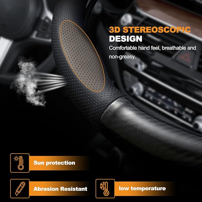 Carbon Fiber Leather Sport Car Steering Wheel Cover Sports Steering Wheel High-Grade Leather Set Stylish Non-Slip Leather car Interior 15 inches for All Car Steering Wheel Cover